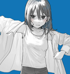 Rule 34 | 1girl, blue background, blush, breasts, greyscale, hair between eyes, highres, long hair, long sleeves, looking at viewer, monochrome, open clothes, open shirt, original, shirt, simple background, small breasts, solo, spot color, sweat, tank top, toyosaka