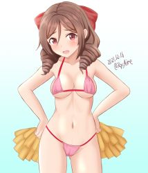 Rule 34 | 1girl, ame-san, bikini, blue background, bow, breasts, cameltoe, cheerleader, dated, drill hair, hair between eyes, hair bow, hands on own hips, harukaze (kancolle), highres, holding, holding pom poms, kantai collection, long hair, looking at viewer, medium breasts, navel, open mouth, parted bangs, pink bikini, pom pom (cheerleading), pom poms, red bow, red eyes, standing, swimsuit, twitter username