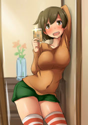 Rule 34 | 1girl, :d, against wall, arm behind head, ayuayu (shouyu no sato), blush, breasts, brown eyes, brown hair, cellphone, contemporary, contrapposto, covered navel, cowboy shot, female focus, flower, hiryuu (kancolle), kantai collection, large breasts, open mouth, phone, reflection, selfie, short hair, short shorts, shorts, side ponytail, smile, solo, standing, striped clothes, striped thighhighs, swept bangs, thighhighs, vase