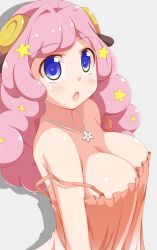 Rule 34 | 1girl, animal ears, arched back, arm at side, blue eyes, blush, breasts, cleavage, dou-t, from side, grey background, hair ornament, highres, horns, jewelry, large breasts, long hair, looking at viewer, moa (show by rock!!), necklace, open mouth, pink hair, shadow, sheep ears, sheep horns, shiny skin, show by rock!!, simple background, solo, star (symbol), star hair ornament, star necklace, strap slip, upper body