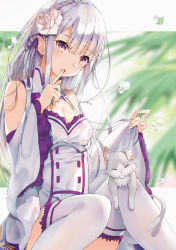 Rule 34 | 1girl, absurdres, alter (kxk7357), animal, bare shoulders, blunt bangs, blush, braid, breasts, cat, cleavage, commentary request, crown braid, detached sleeves, dress, emilia (re:zero), feet out of frame, finger to mouth, flower, french braid, gem, hair flower, hair ornament, hair ribbon, highres, index finger raised, knees together feet apart, legs together, long hair, long sleeves, looking at viewer, pointy ears, puck (re:zero), purple eyes, purple ribbon, re:zero kara hajimeru isekai seikatsu, ribbon, silver hair, sitting, small breasts, smile, thighhighs, white dress, white thighhighs, wide sleeves, x hair ornament, zettai ryouiki