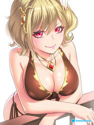 Rule 34 | 1girl, alternate breast size, alternate costume, bare arms, bare shoulders, bikini, blonde hair, breasts, brown bikini, citrinne (fire emblem), commentary, etchimune, fire emblem, fire emblem engage, hair between eyes, hair ornament, jewelry, large breasts, looking at viewer, necklace, nintendo, pink lips, red eyes, short hair, side-tie bikini bottom, simple background, smile, solo, swimsuit, white background