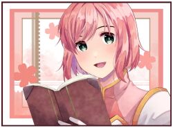 Rule 34 | 1girl, :d, bob cut, book, border, dress, estellise sidos heurassein, gloves, green eyes, holding, holding book, looking at viewer, open book, open mouth, pink hair, saku 4696, short hair, smile, solo, tales of (series), tales of vesperia, upper body, white gloves