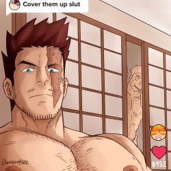 Rule 34 | 2boys, absurdres, bara, boku no hero academia, character request, chest hair, cover them up slut (meme), endeavor (boku no hero academia), facial hair, highres, indoors, leotordo (leotordoart), looking at viewer, male focus, mature male, meme, multiple boys, muscular, muscular male, red hair, scar, scar across eye, scar on face, short hair, sideburns, solo focus, spiked hair, stubble, upper body