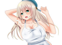 Rule 34 | 10s, 1girl, apron, arm behind head, arm up, armpits, atago (kancolle), beret, blonde hair, blush, breasts, cleavage, collarbone, green eyes, hair between eyes, hat, hifumi kei, highres, kantai collection, large breasts, long hair, looking at viewer, naked apron, solo, suggestive fluid, upper body, white background