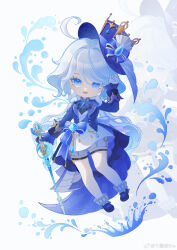 Rule 34 | 1girl, absurdres, arm up, asymmetrical gloves, bad source, blue eyes, blue hat, blue theme, chibi, chibi only, facing viewer, full body, furina (genshin impact), genshin impact, gloves, hat, heterochromia, highres, holding, holding staff, looking at viewer, mismatched gloves, pigeon-toed, qian mu fei fire, staff, standing, zoom layer