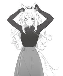 Rule 34 | 1girl, adjusting clothes, adjusting headwear, animal ear fluff, animal ears, arknights, arms up, avi (baltika seven), blemishine (arknights), closed mouth, commentary, english commentary, gloves, greyscale, horse ears, horse girl, horse tail, long hair, monochrome, shirt, simple background, skirt, smile, solo, tail, very long hair, white background