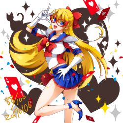 Rule 34 | 1girl, :d, ace (playing card), ace of hearts, aino minako, bishoujo senshi sailor moon, blonde hair, blue eyes, blue footwear, blue sailor collar, blue skirt, bow, card, choker, cowboy shot, dated, gloves, hair bow, half updo, hand on own hip, heart, high heels, long hair, looking at viewer, magical girl, mask, open mouth, playing card, pleated skirt, red bow, sailor collar, sailor v, shoulder pads, skirt, smile, solo, standing, standing on one leg, v, white background, white gloves, white neckwear, yoji.