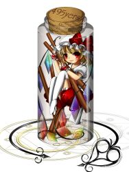 Rule 34 | 1girl, back bow, blush, bottle, bow, cinnamon stick, crystal, flandre scarlet, frilled skirt, frills, full body, hat, hat bow, highres, holding, in bottle, in container, kakiikada, laevatein (touhou), large bow, latin text, looking at viewer, mob cap, multicolored wings, puffy short sleeves, puffy sleeves, red bow, red eyes, red skirt, red vest, shirt, short sleeves, skirt, solo, thighhighs, touhou, vest, white bow, white hat, white shirt, white thighhighs, wings, wrist cuffs
