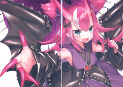 Rule 34 | 1girl, absurdres, bat wings, black sleeves, black wings, blue eyes, blush, breasts, crease, detached sleeves, elizabeth bathory (fate), elizabeth bathory (japan) (fate), fate/extra, fate/extra ccc, fate/grand order, fate (series), finger cots, fingernails, hair between eyes, hair ribbon, highres, horns, japanese clothes, kimono, long hair, long sleeves, looking at viewer, official alternate costume, oni horns, pink hair, pointy ears, profile, purple kimono, purple ribbon, ribbon, scan, scan artifacts, sidelocks, simple background, sleeveless, sleeveless kimono, small breasts, solo, suzuho hotaru, very long hair, white background, wings