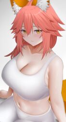 Rule 34 | 1girl, :3, absurdres, alternate costume, animal ear fluff, animal ears, arind yudha, bare arms, blush, breasts, cleavage, closed mouth, collarbone, commentary, fang, fate/grand order, fate (series), fox ears, fox girl, fox tail, from above, hair between eyes, hair tie, highres, large breasts, leggings, lips, long hair, midriff, navel, orange tail, pink hair, sitting, skin fang, smile, solo, stomach, sweat, tail, tamamo (fate), tamamo no mae (fate/extra), tank top, thighs, white leggings, white tank top, yellow eyes