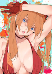 Rule 34 | 1girl, absurdres, armpits, bare shoulders, blue eyes, blush, breasts, breasts apart, brown hair, choker, cocktail dress, collarbone, dress, hair between eyes, hair ornament, highres, long hair, looking at viewer, medium breasts, neon genesis evangelion, no bra, orange hair, parted lips, plunging neckline, red choker, red dress, red lips, solo, souryuu asuka langley, w, yamaishi (mukoubuti)