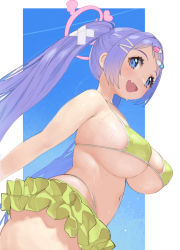 Rule 34 | 1girl, :d, bandaid, bandaid hair ornament, bikini, blue archive, blue eyes, border, breasts, commentary request, conto, crossed bandaids, fang, frilled bikini, frills, hair ornament, hairclip, hanae (blue archive), heart, large breasts, long hair, looking at viewer, open mouth, pill hair ornament, purple hair, skin fang, smile, solo, swimsuit, tareme, twintails, very long hair, wet, white border, yellow bikini