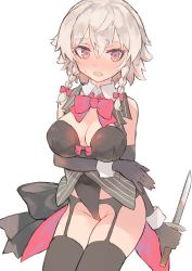 Rule 34 | 1girl, alternate costume, arm under breasts, black gloves, black leotard, black thighhighs, blush, bow, bowtie, braid, breast hold, breasts, elbow gloves, full-face blush, garter belt, gloves, grey hair, hair bow, highres, holding, holding knife, izayoi sakuya, knife, large breasts, leotard, looking at viewer, open mouth, red bow, red bowtie, red eyes, short hair, solo, sweat, thighhighs, touhou, tsukeo, twin braids, wrist cuffs