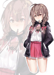Rule 34 | 1girl, absurdres, ahoge, black jacket, braid, brown eyes, brown hair, bubble tea, bubble tea challenge, cowboy shot, cropped legs, cup, disposable cup, drinking straw, drinking straw in mouth, hands in pockets, highres, jacket, kantai collection, long hair, miyasaka miyabi, mouth hold, object on breast, pink skirt, pleated skirt, shinshuu maru (kancolle), shirt, skirt, solo, twin braids, white shirt, zoom layer