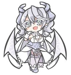 Rule 34 | bare shoulders, blush stickers, breasts, chibi, cleavage, commentary request, demon girl, demon horns, demon wings, detached collar, dress, drill hair, duel monster, earrings, fang, full body, garter straps, grey eyes, grey hair, highres, horns, jewelry, leotard, looking at viewer, lovely labrynth of the silver castle, low wings, medium hair, multiple wings, ojou-sama pose, open mouth, oquri, pointy ears, see-through, see-through dress, simple background, skin fang, strapless, strapless dress, thighhighs, twin drills, white background, white dress, white leotard, white thighhighs, wings, yu-gi-oh!