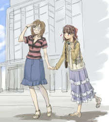 Rule 34 | 00s, 2girls, architecture, blouse, blue skirt, blue sky, brown eyes, brown hair, camera, casual, day, glasses, hand on forehead, holding hands, jacket, maria-sama ga miteru, multiple girls, musical note, naitou shouko, open clothes, open jacket, outdoors, quaver, sandals, shirt, short hair, short sleeves, skirt, sky, smile, striped clothes, striped shirt, takeshima tsutako, wristband, you2