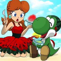 Rule 34 | 1girl, 1other, blue eyes, bowl, breasts, brown hair, cleavage, dress, earrings, flower earrings, food, fruit, hand up, highres, jewelry, mario (series), nintendo, open mouth, princess daisy, red dress, short hair, sitting, spoon, super mario bros. 1, super mario land, super mario world 2: yoshi&#039;s island, tail, tomboy, watermelon, yoshi