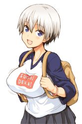 Rule 34 | 1girl, :d, backpack, bag, black skirt, blue eyes, breasts, clothes writing, commentary request, fang, grey hair, hagiya masakage, head tilt, highres, large breasts, leaning forward, looking at viewer, motion lines, open mouth, pleated skirt, print shirt, raglan sleeves, romaji text, shirt, short hair, simple background, skirt, smile, solo, standing, sugoi dekai, upper body, uzaki-chan wa asobitai!, uzaki hana, v-neck, white background, white shirt