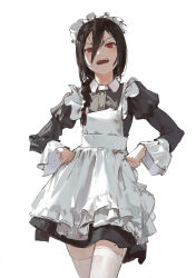 Rule 34 | 1girl, absurdres, angry, apron, black hair, braid, chainsaw man, commentary, dino (dinoartforame), frilled sleeves, frills, garter straps, hair between eyes, highres, long sleeves, looking at viewer, maid, maid apron, maid headdress, nayuta (chainsaw man), open mouth, red eyes, simple background, symbol-only commentary, thighhighs, white background, white thighhighs