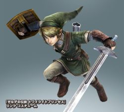 Rule 34 | 1boy, blonde hair, blue eyes, boots, full body, gloves, gradient background, hyrule warriors, link, looking at viewer, male focus, nintendo, official art, pointy ears, shield, solo, sword, the legend of zelda, the legend of zelda: twilight princess, tunic, weapon