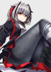 Rule 34 | 1girl, absurdres, arknights, black footwear, black jacket, black scarf, black skirt, boots, closed mouth, grey background, grey pantyhose, highres, ikazu401, jacket, knees up, long sleeves, looking at viewer, open clothes, open jacket, pantyhose, pleated skirt, red eyes, scarf, shirt, silver hair, sitting, skirt, solo, thighband pantyhose, thighs, w (arknights), white shirt