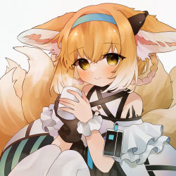 Rule 34 | 1girl, animal ear fluff, animal ears, arknights, bare shoulders, black gloves, blonde hair, blue hairband, blush, braid, braided hair rings, brown eyes, closed mouth, commentary request, cup, fox ears, fox girl, fox tail, gloves, gradient hair, grey background, hair between eyes, hair rings, hairband, highres, holding, holding cup, kitsune, knees up, kyuubi, looking at viewer, material growth, mug, multicolored hair, multiple tails, oripathy lesion (arknights), pantyhose, shirt, simple background, single glove, single wrist cuff, sitting, smile, solo, steam, suzuran (arknights), tail, takumi mizuki, twin braids, white hair, white pantyhose, white shirt, wrist cuffs