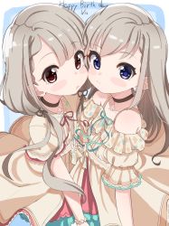 Rule 34 | 2girls, blue eyes, blush stickers, braid, brown choker, brown dress, brown eyes, choker, closed mouth, collarbone, commentary request, dated, dress, grey hair, happy birthday, highres, hisakawa hayate, hisakawa nagi, idolmaster, idolmaster cinderella girls, idolmaster cinderella girls starlight stage, long hair, low twintails, multiple girls, off-shoulder dress, off shoulder, parted lips, puffy short sleeves, puffy sleeves, shiwa (siwaa0419), short sleeves, siblings, sisters, star (symbol), twins, twintails, very long hair