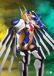 Rule 34 | 1girl, blazblue, blonde hair, breasts, cosplay, crotch plate, elbow gloves, closed eyes, forehead protector, gloves, highres, long hair, mu-12, mu-12 (cosplay), navel, photo (medium), revealing clothes, robot ears, solo, thighhighs, underboob