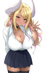 Rule 34 | 1girl, absurdres, blonde hair, breasts, cleavage, colored inner hair, dark-skinned female, dark skin, draph, granblue fantasy, highres, horns, kumbhira (granblue fantasy), kurakura s3, large breasts, long hair, multicolored hair, pleated skirt, pointy ears, skirt, sleeves rolled up, smile, solo, thighhighs, yellow eyes