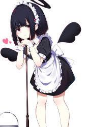 Rule 34 | 1girl, apron, black dress, black hair, black hairband, black ribbon, black wings, blunt bangs, blush, bob cut, bucket, closed mouth, collar, commentary request, detached collar, detached wings, dress, frilled apron, frills, hairband, halo, hands up, heart, ichiki 1, looking at viewer, maid, maid headdress, mini wings, mop, neck ribbon, original, own hands together, puffy short sleeves, puffy sleeves, red eyes, ribbon, short dress, short hair, short sleeves, sidelocks, simple background, smile, solo, waist apron, white apron, white background, white collar, wing collar, wings, wrist cuffs