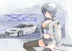 Rule 34 | 1girl, black bra, black choker, black shorts, black thighhighs, blue eyes, blush, bra, car, choker, detached sleeves, grey vest, hair behind ear, hi fumiyo, highres, looking at viewer, looking to the side, motor vehicle, open mouth, original, personification, short hair, shorts, sitting, sleeveless, sleeveless jacket, sleeves past wrists, solo, sports car, thighhighs, toyota, toyota 86, traditional media, underwear, vehicle and personification, vest
