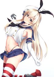 Rule 34 | 1girl, anchor hair ornament, black neckerchief, black panties, blonde hair, blue skirt, blush, breasts, cowboy shot, crop top, elbow gloves, gloves, grey eyes, hair ornament, hairband, highleg, highleg panties, highres, kantai collection, long hair, looking at viewer, miniskirt, miso (misomiso 154), navel, neckerchief, panties, pleated skirt, sailor collar, school uniform, serafuku, shimakaze (kancolle), simple background, skindentation, skirt, solo, stomach, striped clothes, striped thighhighs, thighhighs, underwear, white background, white gloves