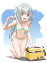 Rule 34 | 10s, all fours, barefoot, bikini, breasts, brown eyes, character name, cooler, front-tie bikini top, front-tie top, gluteal fold, green bikini, grey hair, highres, kantai collection, kasumi (kancolle), long hair, looking at viewer, open mouth, side-tie bikini bottom, side ponytail, small breasts, solo, striped bikini, striped clothes, swimsuit, t2r