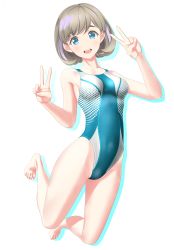 Rule 34 | 1girl, absurdres, aqua one-piece swimsuit, barefoot, blue eyes, blue one-piece swimsuit, breasts, collarbone, competition swimsuit, covered navel, double v, full body, grey hair, highres, jumping, looking at viewer, love live!, love live! superstar!!, medium breasts, one-piece swimsuit, open mouth, parted bangs, round teeth, short hair, simple background, solo, swimsuit, takafumi, tang keke, teeth, upper teeth only, v, white background