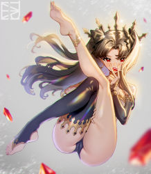 Rule 34 | 1girl, anklet, armlet, ass, asymmetrical legwear, asymmetrical sleeves, bare shoulders, barefoot, bikini, black bikini, black bow, black hair, blush, bow, breasts, bridal gauntlets, crossed legs, curvy, detached collar, detached sleeves, earrings, fate/grand order, fate (series), feet, gem, gold trim, gradient background, grey background, hair bow, highres, hoop earrings, huge ass, ishtar (fate), jewelry, leg up, legs, long hair, looking at viewer, majiang, neck ring, parted bangs, red eyes, red gemstone, single detached sleeve, single sleeve, single thighhigh, solo, sparkle, swimsuit, thighhighs, thighlet, thong, tiara, toeless legwear, twintails, two side up, uneven legwear, uneven sleeves, white bikini