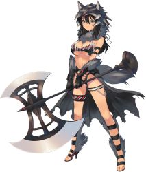 Rule 34 | 1girl, amazuyu tatsuki, aquaplus, armlet, armor, axe, bare shoulders, battle axe, bikini armor, black hair, blue eyes, bou (inubou), breasts, cleavage, dark-skinned female, dark skin, dungeon travelers 2, full body, fur trim, gloves, grisherina efleanor, hat, high heels, highres, holding, holding weapon, large breasts, long hair, looking at viewer, solo, standing, thigh strap, transparent background, weapon