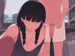 Rule 34 | 1boy, 1girl, age difference, black hair, black tank top, blue eyes, blush, braid, breasts, brother and sister, cleavage, clothes pull, elder sister (pepper0), facing viewer, incest, indoors, large breasts, large penis, looking at viewer, older sister, onee-shota, penis, pepper0, pubic hair, recording, shorts, shorts pull, siblings, strap slip, tank top