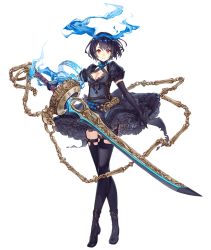 Rule 34 | 1girl, alice (sinoalice), black hair, chain, crossed legs, elbow gloves, frilled skirt, frills, full body, gloves, hair ribbon, jino, looking at viewer, official art, puffy sleeves, red eyes, ribbon, short hair, sinoalice, skirt, solo, sword, thighhighs, transparent background, watson cross, weapon