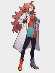 Rule 34 | 1girl, android 21, blue eyes, blue footwear, boots, breasts, checkered clothes, checkered dress, closed mouth, dragon ball, dragon ball fighterz, dress, full body, glasses, grey background, hair between eyes, kemachiku, lab coat, long hair, looking at viewer, medium breasts, pantyhose, red footwear, red hair, simple background, smile, solo, standing