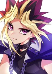 Rule 34 | 1boy, absurdres, bad id, bad pixiv id, black shirt, blonde hair, blue jacket, chain, choker, closed mouth, dyed bangs, highres, jacket, jacket on shoulders, looking at viewer, male focus, maruchi, multicolored hair, purple eyes, purple hair, shirt, simple background, smile, solo, spiked hair, white background, yami yugi, yu-gi-oh!, yu-gi-oh! duel monsters