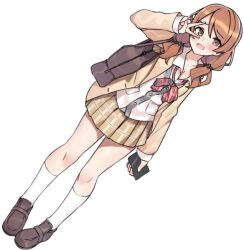 Rule 34 | 1girl, aa211108, bag, blush, bow, bowtie, brown bag, brown eyes, brown footwear, brown hair, brown jacket, buttons, checkered clothes, checkered skirt, commentary, dutch angle, full body, hand up, hojo karen, holding, holding phone, idolmaster, idolmaster cinderella girls, jacket, legs, long hair, long sleeves, looking at viewer, low twintails, open clothes, open collar, open jacket, open mouth, phone, red bow, red bowtie, school uniform, shirt, shoulder bag, skirt, smile, socks, solo, standing, thighs, twintails, v, white background, white shirt, white socks, yellow skirt