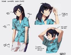 Rule 34 | 1boy, adjusting hair, aged up, arrow (symbol), black-framed eyewear, black hair, blush, bracelet, character name, closed mouth, collared shirt, commentary, creatures (company), elio (pokemon), english text, game freak, hands in pockets, hazel0217, high ponytail, highres, jewelry, long hair, looking at viewer, male focus, multiple views, nintendo, one eye closed, pokemon, pokemon sm, shirt, short sleeves, shorts, signature, sketch, smile, sunglasses, white shorts