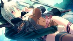 Rule 34 | 1boy, 1girl, animal ears, asymmetrical legwear, black jacket, blush, grabbing another&#039;s breast, breasts, brown leotard, brown thighhighs, cleavage, fingering, game cg, grabbing, grabbing from behind, hair between eyes, highres, jacket, jewelry, kyokugen chikan tokuiten 2, large breasts, leotard, liza volkova, long hair, long sleeves, looking to the side, m&amp;m, molestation, official art, open clothes, open jacket, parted lips, pendant, pink eyes, silver hair, single thighhigh, thighhighs, thighlet