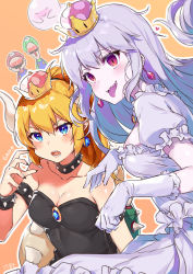 Rule 34 | 2boys, 2girls, absurdres, armlet, artist name, bare shoulders, blonde hair, blue eyes, blush, boo (mario), bowsette, bracelet, breasts, claw pose, cleavage, collar, collarbone, colored tongue, commentary request, crown, dress, earrings, facial hair, ghost pose, gloves, green hat, hat, heart, highres, horns, jewelry, long hair, looking at viewer, luigi, luigi&#039;s mansion, mario, mario (series), medium breasts, multiple boys, multiple girls, mustache, new super mario bros. u deluxe, nintendo, open mouth, orange background, pale skin, pointy ears, ponytail, princess king boo, purple tongue, red eyes, red hat, short hair, silver hair, simple background, spiked armlet, spiked bracelet, spiked collar, spikes, super crown, tail, tongue, tongue out, tsukino (nakajimaseiki), white dress, white gloves
