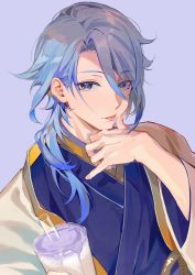 Rule 34 | 1boy, blue background, blue hair, blue kimono, cccgs5, closed mouth, commentary, cup, drink, drinking straw, fingernails, genshin impact, hair between eyes, hair over shoulder, hand up, haori, highres, holding, holding cup, jacket, japanese clothes, kamisato ayato, kimono, licking, long sleeves, looking at viewer, male focus, medium hair, mole, mole under mouth, open clothes, open jacket, parted bangs, purple eyes, sidelocks, solo, swept bangs, symbol-only commentary, tongue, tongue out, upper body, white jacket, wide sleeves