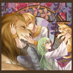 Rule 34 | 2boys, blonde hair, bracelet, casual, cat, earrings, enkidu (fate), fate/stay night, fate/strange fake, fate (series), gilgamesh (fate), green eyes, green hair, jewelry, lion, long hair, male focus, momori, multiple boys, necklace, official alternate costume, red eyes, short hair, signature, trap