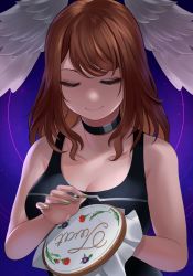 Rule 34 | 1girl, black choker, black tank top, breasts, brown hair, choker, cleavage, closed eyes, cross stitch, eunie (xenoblade), eyelashes, green nails, head wings, highres, holding, holding needle, long hair, medium breasts, nail polish, needle, profanity, purple background, sewing, sewing needle, smile, solo, tank top, voodoothur, wings, xenoblade chronicles (series), xenoblade chronicles 3