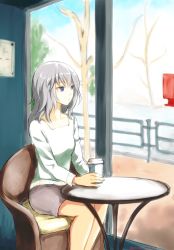 Rule 34 | 10s, 1girl, blue eyes, casual, chair, closed mouth, coffee cup, commentary, cup, disposable cup, girls und panzer, highres, holding, holding cup, indoors, itsumi erika, light frown, long hair, looking to the side, silver hair, sitting, solo, table, tree, umxzo, window