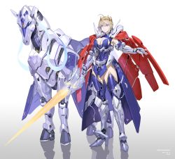 Rule 34 | 1girl, absurdres, adapted costume, armor, artoria pendragon (fate), artoria pendragon (lancer) (fate), blonde hair, blue eyes, blue thighhighs, braid, breasts, cape, cleavage, crown, dun stallion (fate), energy sword, fate/grand order, fate (series), french braid, highres, large breasts, mechanical horse, mechanization, polearm, rhongomyniad (fate), sohn woohyoung, spear, sword, thighhighs, weapon